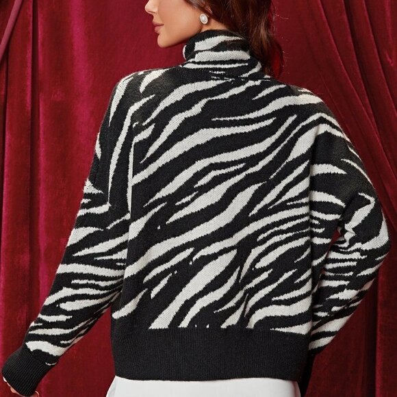 Black & White Casual Womens Zebra Striped Pattern Drop Shoulder Sweater - Picture 2 of 5